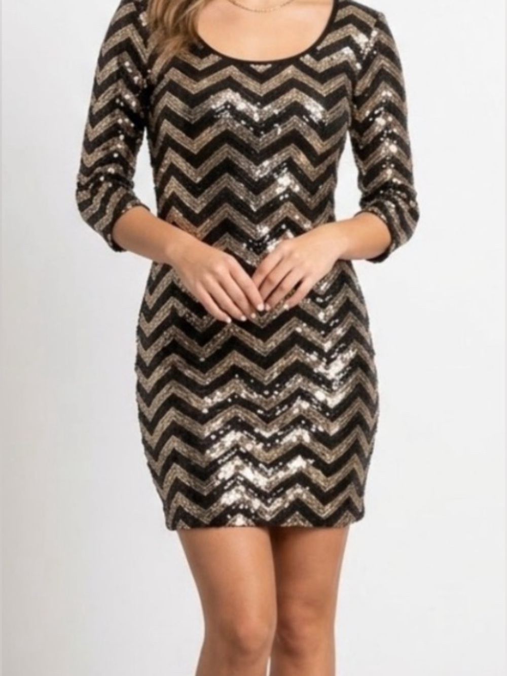 H&M Divided formal form fitting fully lined sequined blk and gold cocktail dress